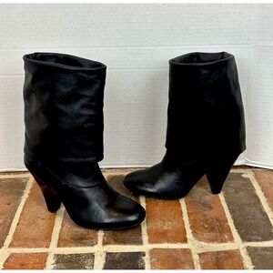 Gianni Bini Black Leather Fold‎ Over Ankle Boots Women's Sz 7.5 Cuffed Heels